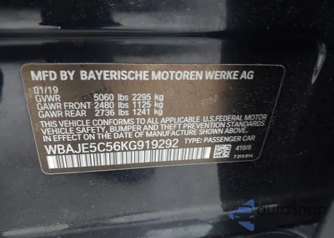2019 BMW 540I from USA, damaged, VIN WBAJE5C56KG919292
